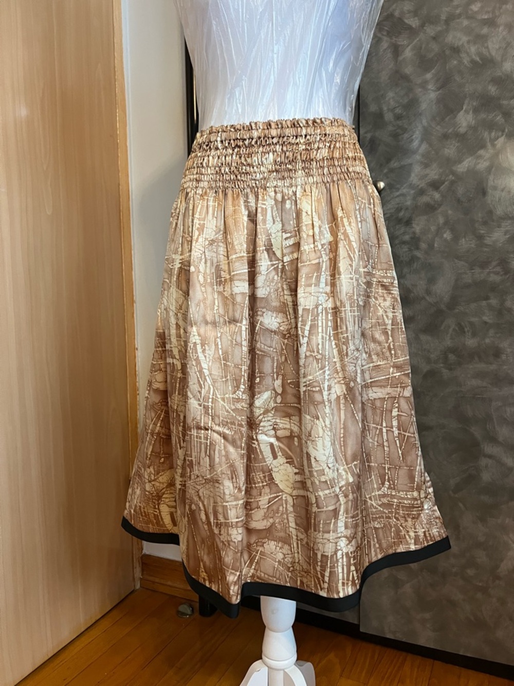 Calvin Klein Beige and Cream Silk Midi Skirt with Smocked Waist